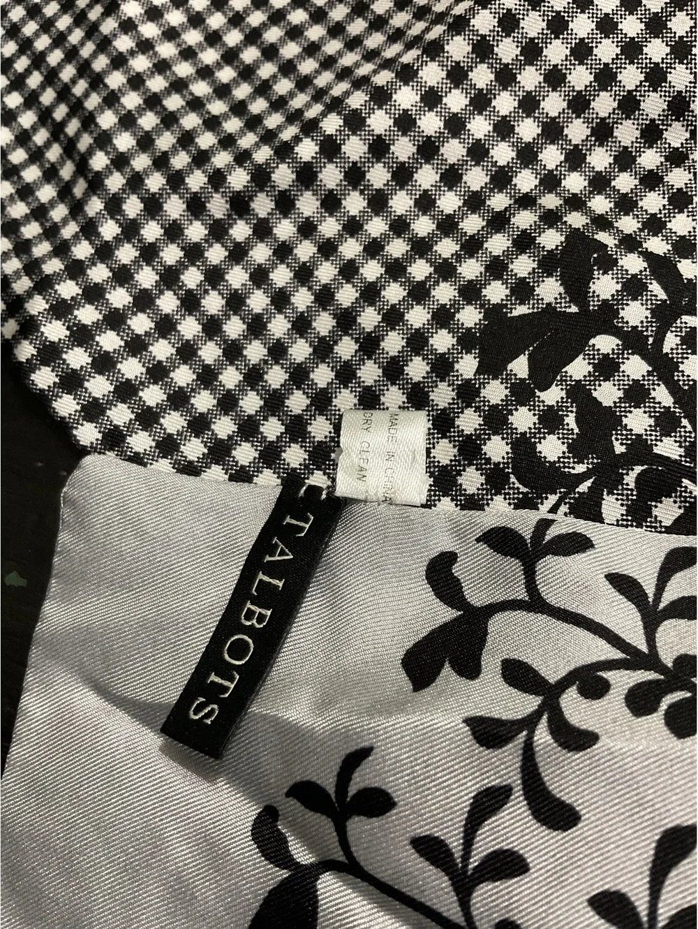 Talbots Black and White Silk Scarf with Floral and Checkered Pattern